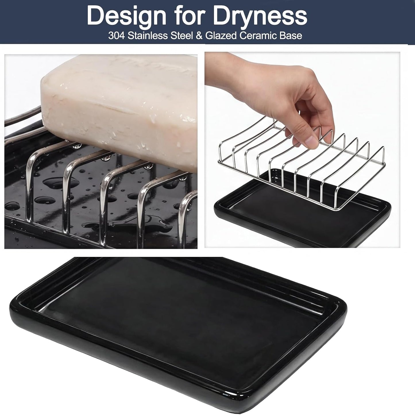 Ceramic Soap Dish with Stainless Steel Drain Tray Self Draining Soap Holder Sponge Holder Soap Dishes for Shower, Bathroom, Kitchen Sink