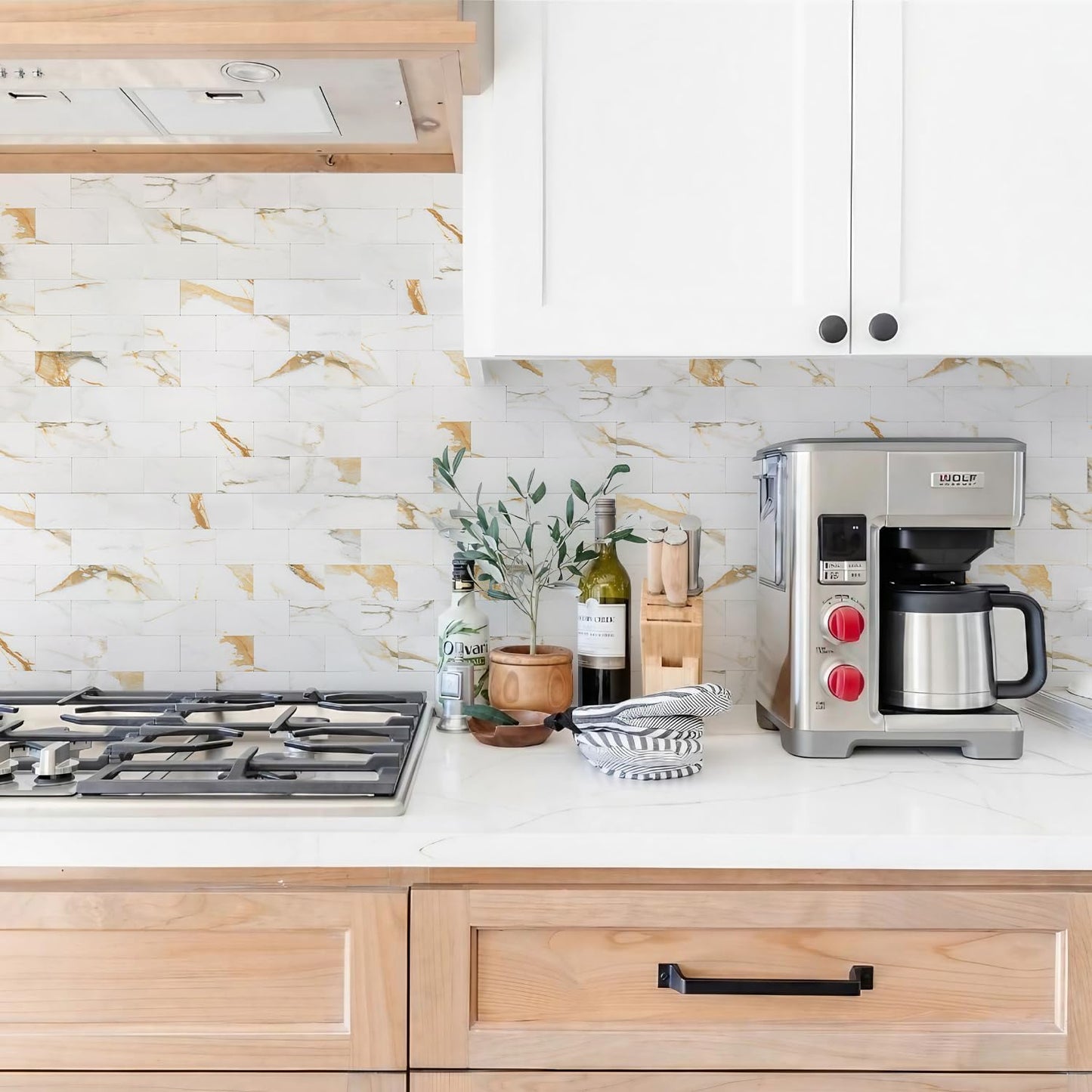 STICKGOO 10-Sheet Subway Tile Peel and Stick Backsplash, Seamless Design Polished Eurasia Beige Kitchen Backsplash Wall Tiles, Glossy Surface Waterproof Stick on Tile for Bathroom, RV, Fireplace
