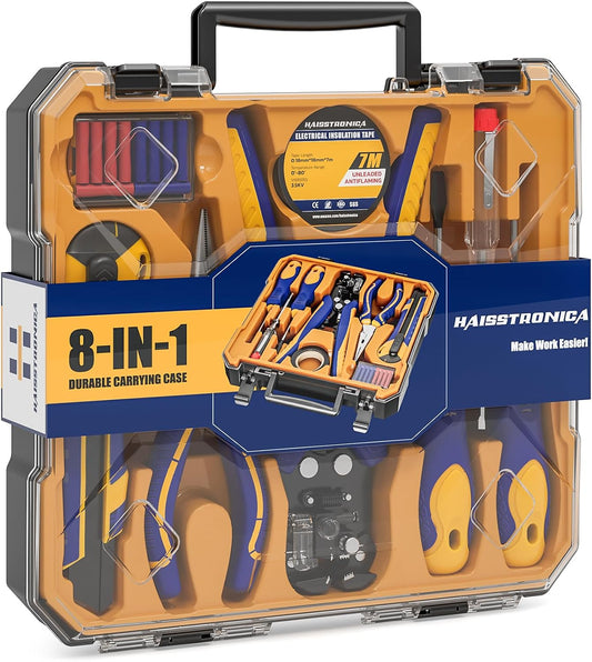 haisstronica 8 IN 1 Self-Adjusting Wire Stripper Household Tool Kit, Professional Electrician Tool Set, Needle Nose Pliers, Screwdriver, Voltage Detector Pen, Knife, Insulating Tape, Wire Connectors