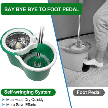 Spin Mop and Bucket with Wringer Set, 360° Rotating Head Mop Bucket System with 3 Microfiber Mop Refills Wet and Dry Suitable for Office and Home Use, Green (Black-Plus)