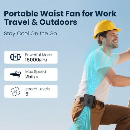Waist Fan - 3-Speed Clip-On Fan, 16000RPM, 10000mAh Rechargeable Battery, LED SOS Light - Portable Cooling for Outdoor & Work