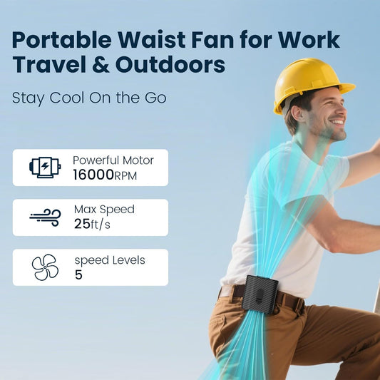 Waist Fan - 3-Speed Clip-On Fan, 16000RPM, 10000mAh Rechargeable Battery, LED SOS Light - Portable Cooling for Outdoor & Work