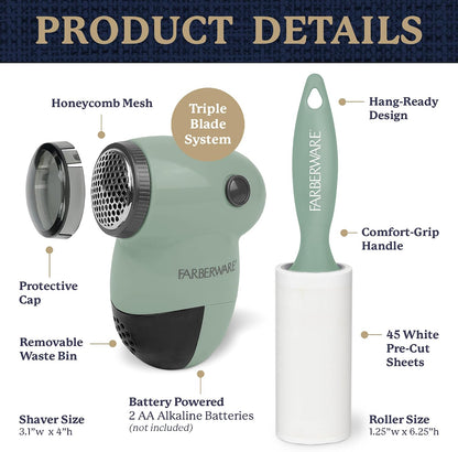 Farberware Fabric Shaver & Lint Remover Set–Battery Operated Sweater Shaver with Triple Blades and Extra Sticky Roller for Pet Hair, Fuzz & Pilling on Clothes, Upholstery & Bedding (Gray/Blue, Small)