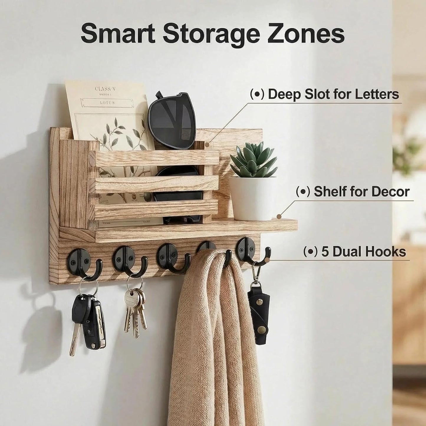 Wall Key Hook, Mail Organizer with 5 Metal Key Hooks, Decorative Key Rack Wall Mount, Tung Wood, 11.8 x 6.7 inches, Includes mounting Hardware (Brown)
