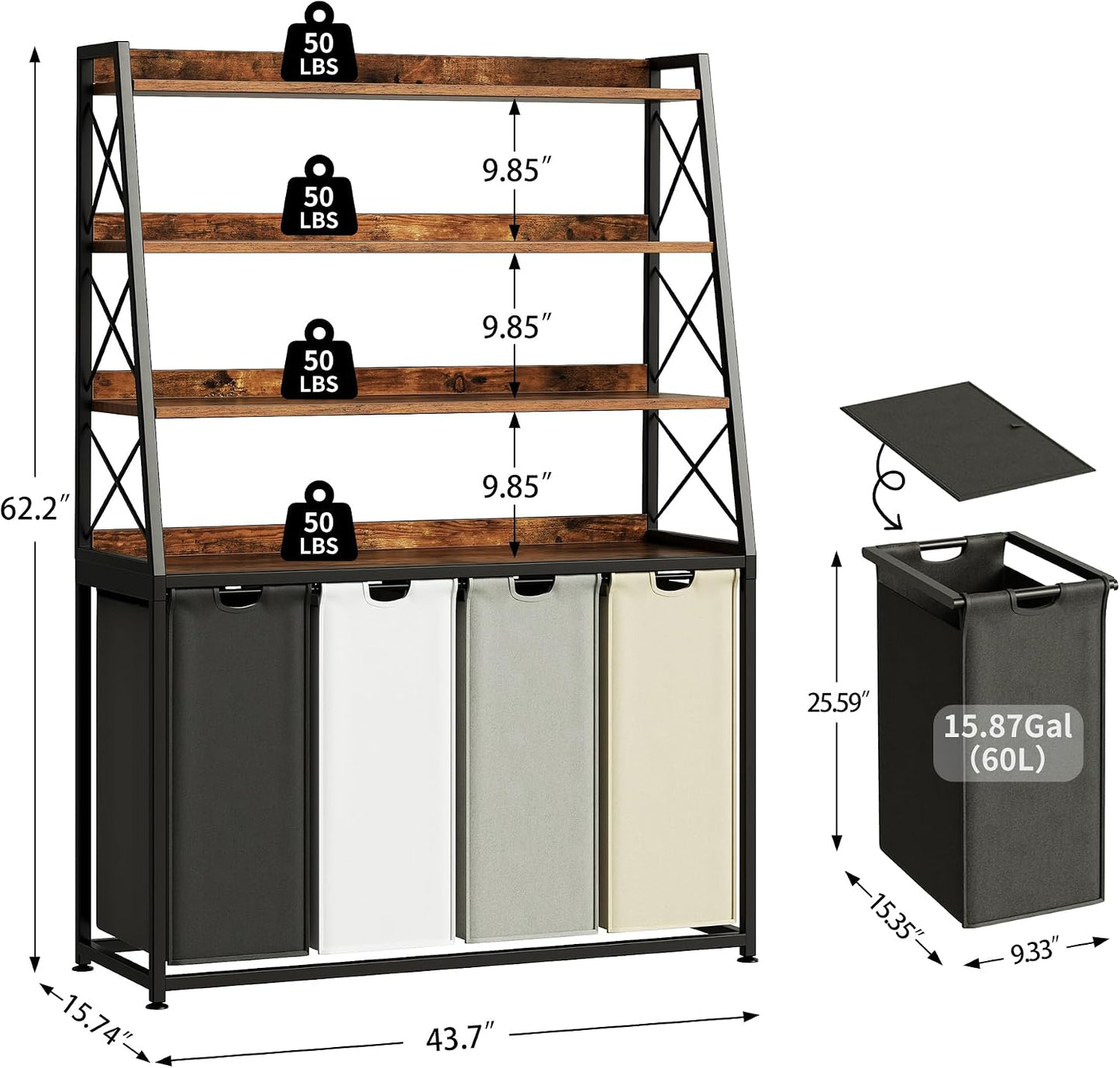 Herture Laundry Basket, 3 Section Laundry Hamper with 4 Tiers Shelf, Pull-Out and Removable Laundry Bags, Large 3 x 15.87 Gallons, for Laundry Room Bathroom Rustic Brown PF05XLN