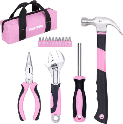 FASTPRO 15-Piece Pink Tool Kit, Household Tools Set for Women, Hand Tools for Home Maintenance & Repairing, Includes Tool Bag