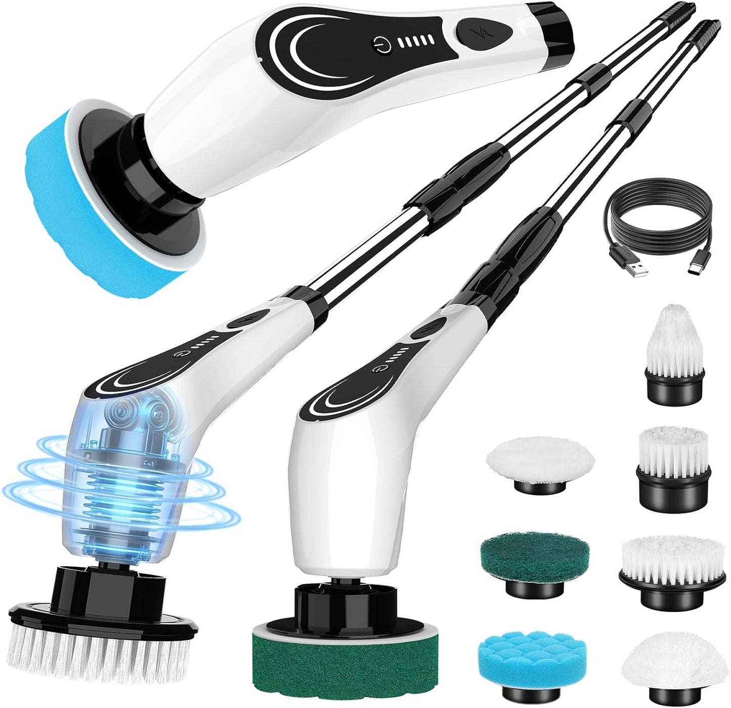 Electric Spin Scrubber, Cordless Floor Scrubber Machine with Interchangeable Cleaning Pads, IPX7 Waterproof 2-Speed Cleaning Pads for Bathroom, Kitchen, Tile, Tub and Floor Cleaning, White-qb2