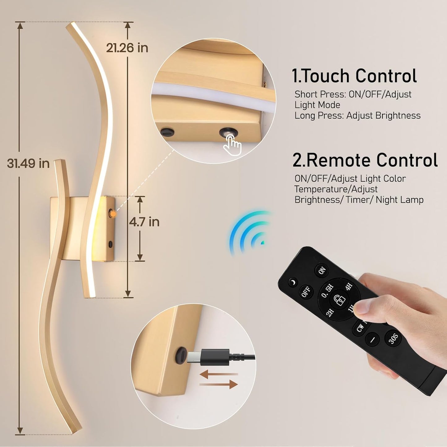CANEOE Battery Operated Wall Sconce Set of 2, 18000mAh Gold Rechargeable Wall Lights with Remote Control,3000K-6000K Dimmable LED Wireless Wall Light for Living Room Bedroom Hallway,39.3 Inch (Gold)