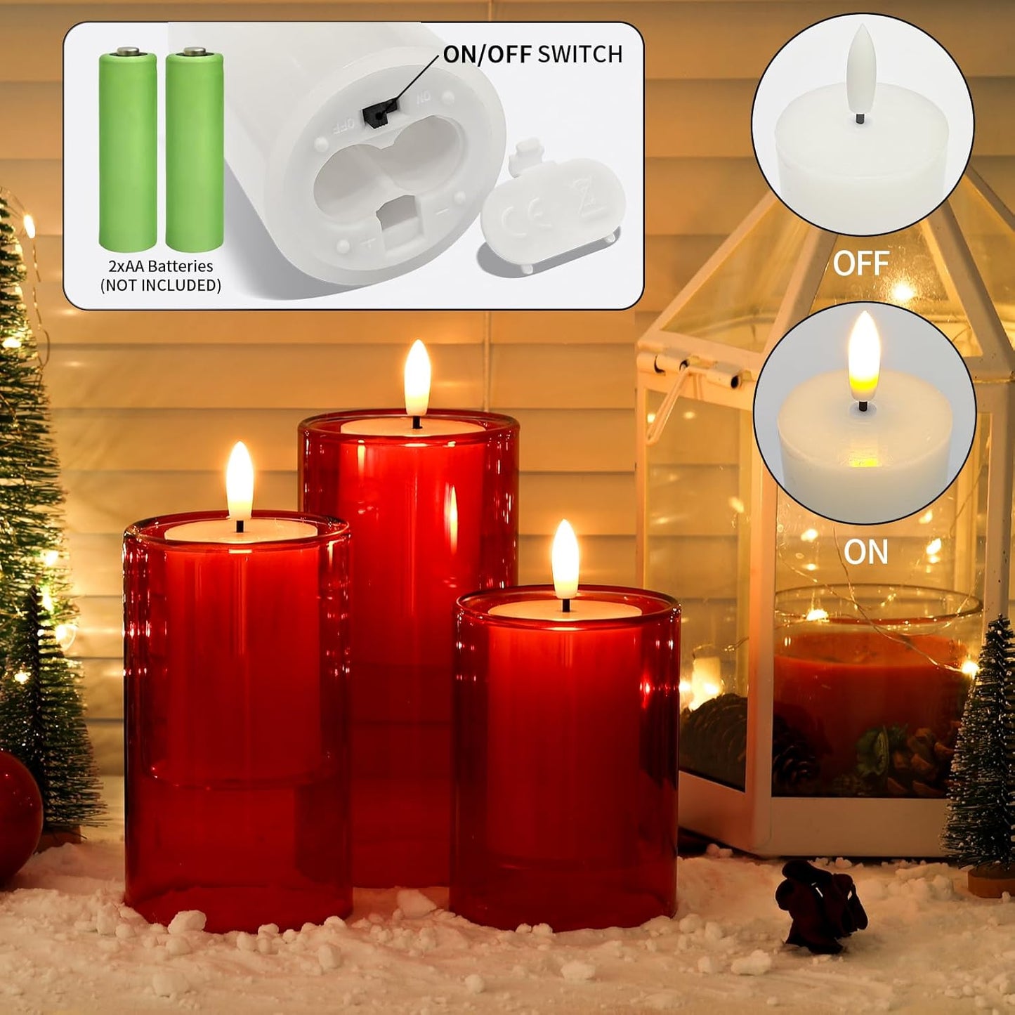 NURADA Flameless Candles with Remote Timer - Glass Real Wax 3D Wick LED Pillar Votive Candle Set Battery Operated Flickering Light for Home Christmas Decoration - White 3 Pack