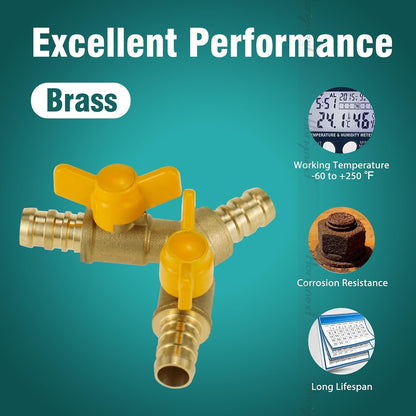 brass 3/4 inch O.D. barb three way shut off ball valve for gas hose air water pvc pex garden tubing fuel line, tee switch splitter fitting