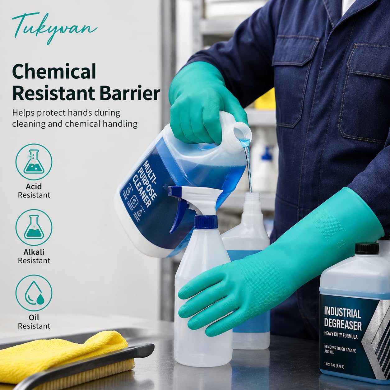15 Mil Chemical Resistant Nitrile Gloves, Latex free Durable Cleaning Gloves, Resist Acid, Alkali, Solvent and Oil