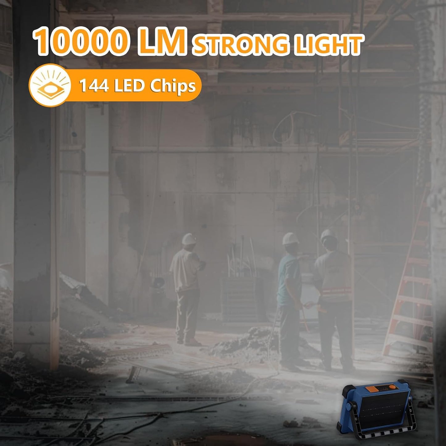 120W Solar Rechargeable Work Light, 144 LED 10000LM Portable Flood Light with Stand, IP66 Waterproof 4 Modes LED Job Site Lighting Flashlights for Mechanic Camping Fishing Car Repair