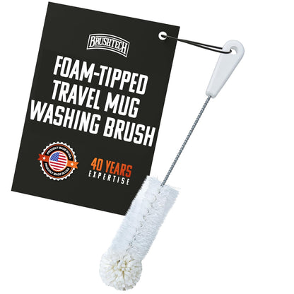 Brushtech Foam Tip Travel Mug Washing Brush – Scratch-Free Foam Head Cleaner with Bristle Body for Insulated Mugs, Tumblers & Bottles, Durable Plastic Handle Drinkware Cleaning Tool