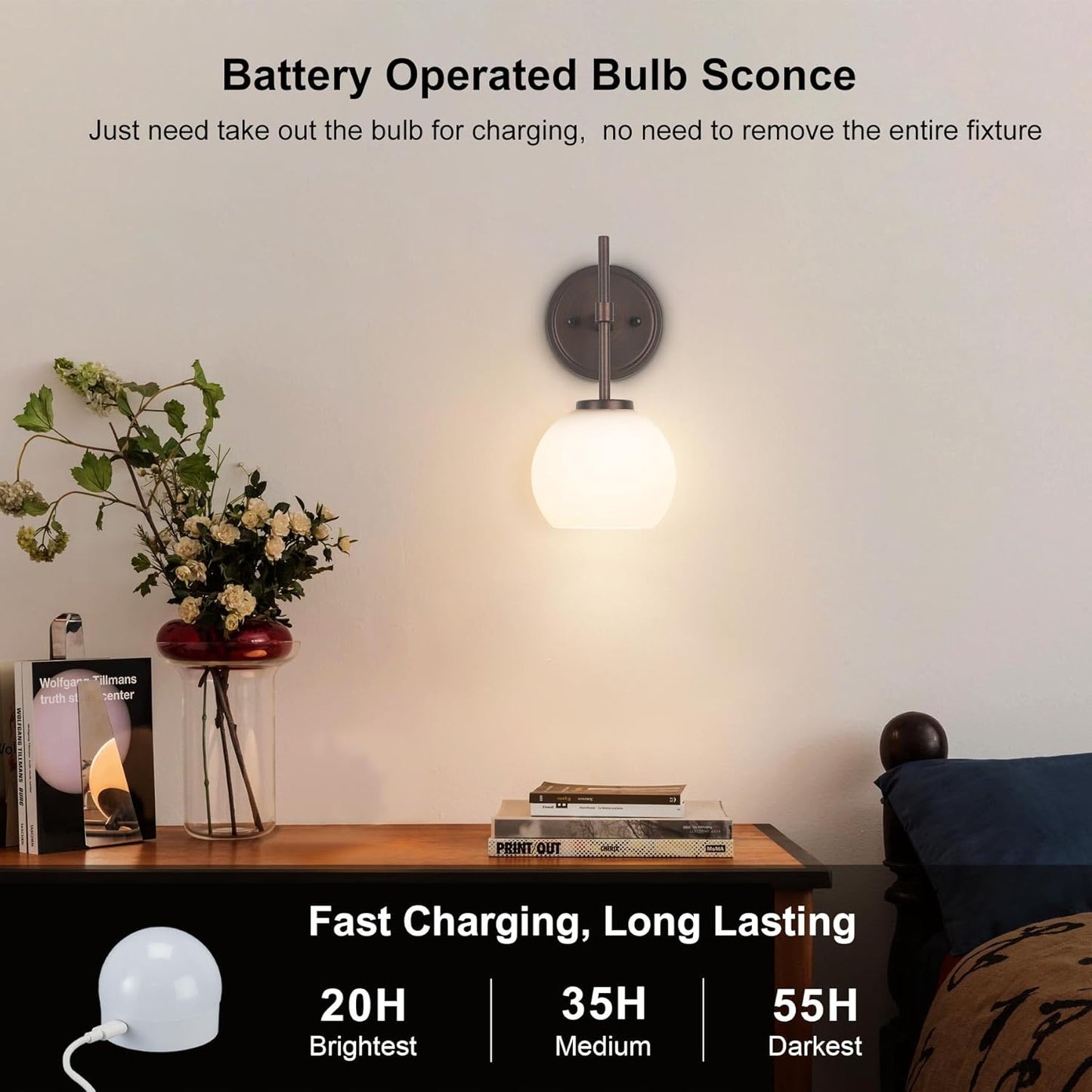 Wireless Wall Sconces with Remote Control, Battery Operated Wall Sconce Set of 2, Black & Gold Rechargeable Dimmable Wall Light for Bedroom Living room Bathroom Hallway Entryway Stairwell, 3000K