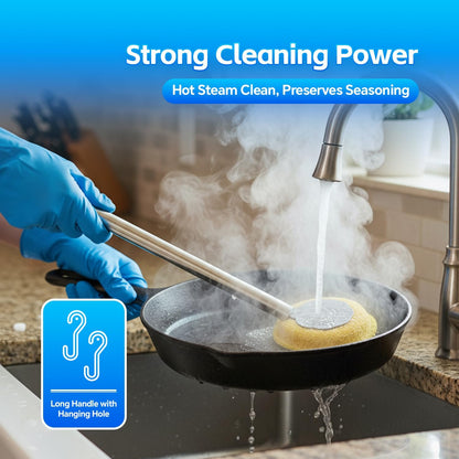 Kitchen Cleaning Brush with Handle, Non-Scratch Preserve Seasoning for Wok, Cast Iron Skillet, Pans, Oven Racks, Air Fryer, Jars - Stainless Steel Handle