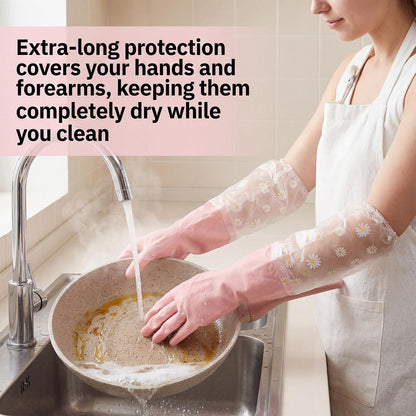 Reusable Pink Rubber Gloves, Pink Dishwashing Cleaning Gloves, Non-Slip Laundry Kitchen Gardening Household Gloves with Long Elastic Cuffs
