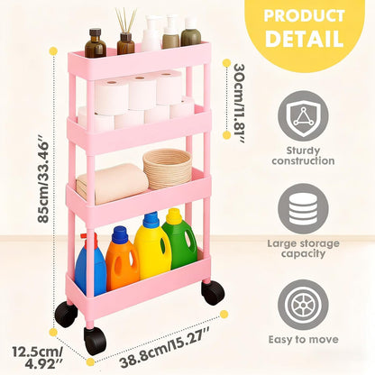 ShellKingdom 4 Tier Bathroom Storage Organizer, Slim Rolling Storage Cart for Narrow Space, Mobile Shelving Unit with Lockable Wheels and Hooks for Bathroom, Kitchen, Laundry Movable Shelf (Green)