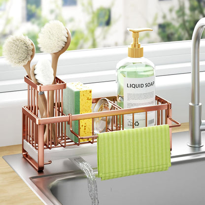 HapiRm Sponge Holder for Kitchen Sink - Self-draining Sink Caddy with Brush and Dishcloth Holders, Stainless Steel Kitchen Countertop Organizers and Storage Essentials - Black