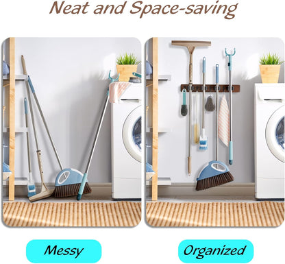 OUTNILI Mop and Broom Holder Wall Mount - Wood Broom Mop Hanger - Wall Mounted Garden Tool Rack Organizer for Closet Garage Laundry Room for Rustic Kitchen Decor With 5 Slots & 4 Hooks
