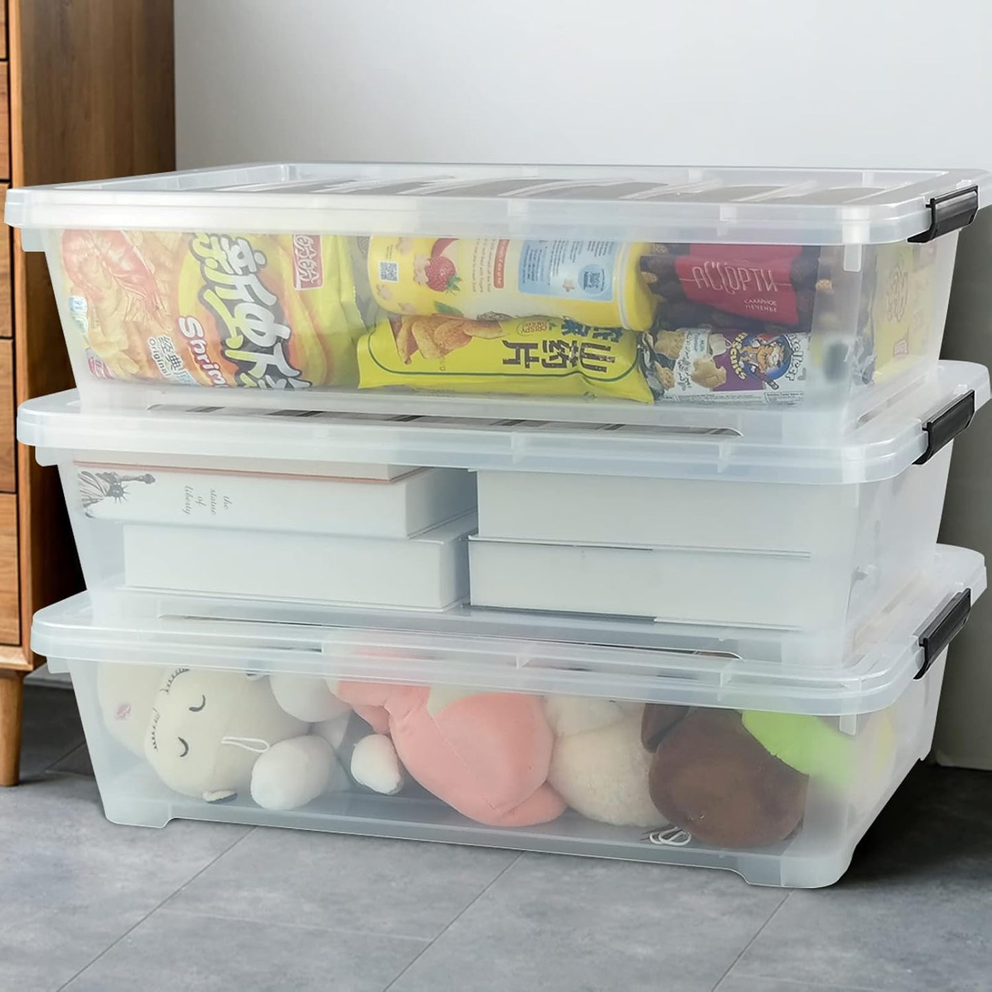 3-Pack Wheeled Plastic Under Bed Storage Box with Lids, 40 L | Under Bed Storage Bin, Secure Side Latch Lid, Built-In Rolling Wheels, Stackable Design, Perfect for Under Bed Storage