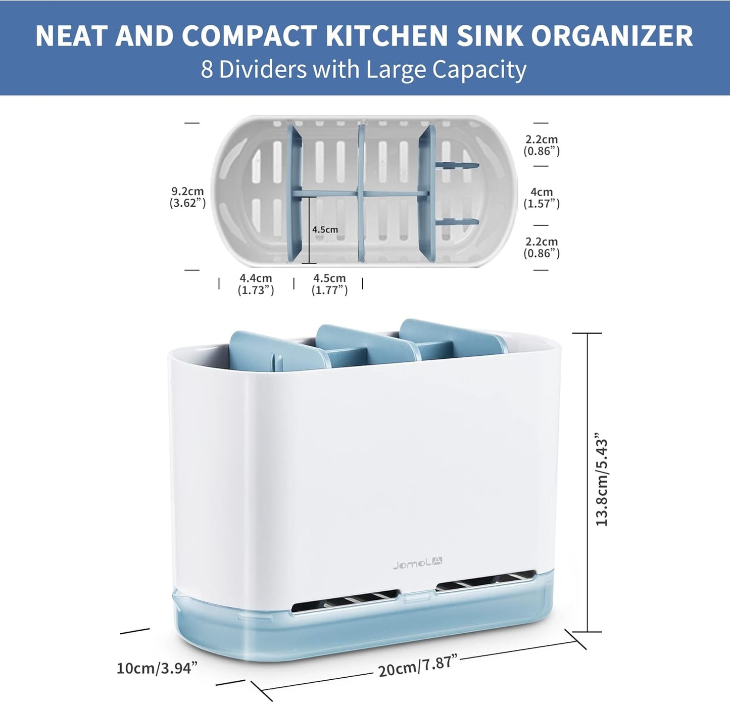 JOMOLA Dish Brush Caddy for Kitchen Sink Toothbrush Holders for Bathrooms Sink Sponge Holder Kitchen Counter Scrub Soap Brush Organizer Sinkware Caddy with Drain Tray Dividers (Blue)
