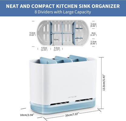 JOMOLA Dish Brush Caddy for Kitchen Sink Toothbrush Holders for Bathrooms Sink Sponge Holder Kitchen Counter Scrub Soap Brush Organizer Sinkware Caddy with Drain Tray Dividers (Blue)