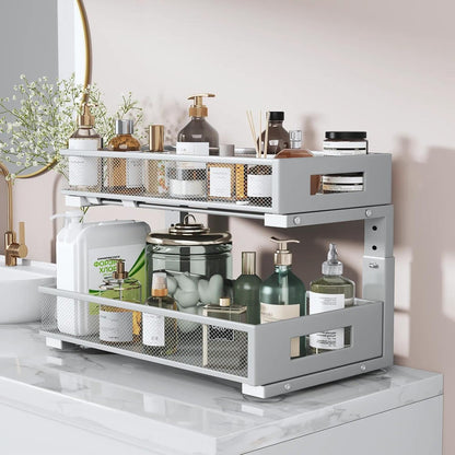 Under Sink Organizer, 2-Tier Dual Pull Out Cabinet Organizer Drawers With Smooth Circular Rail, Large Capacity Metal Mesh Sliding Shelves For Bathroom& Kitchen Storage,Height Adjustable–White,2 Packs