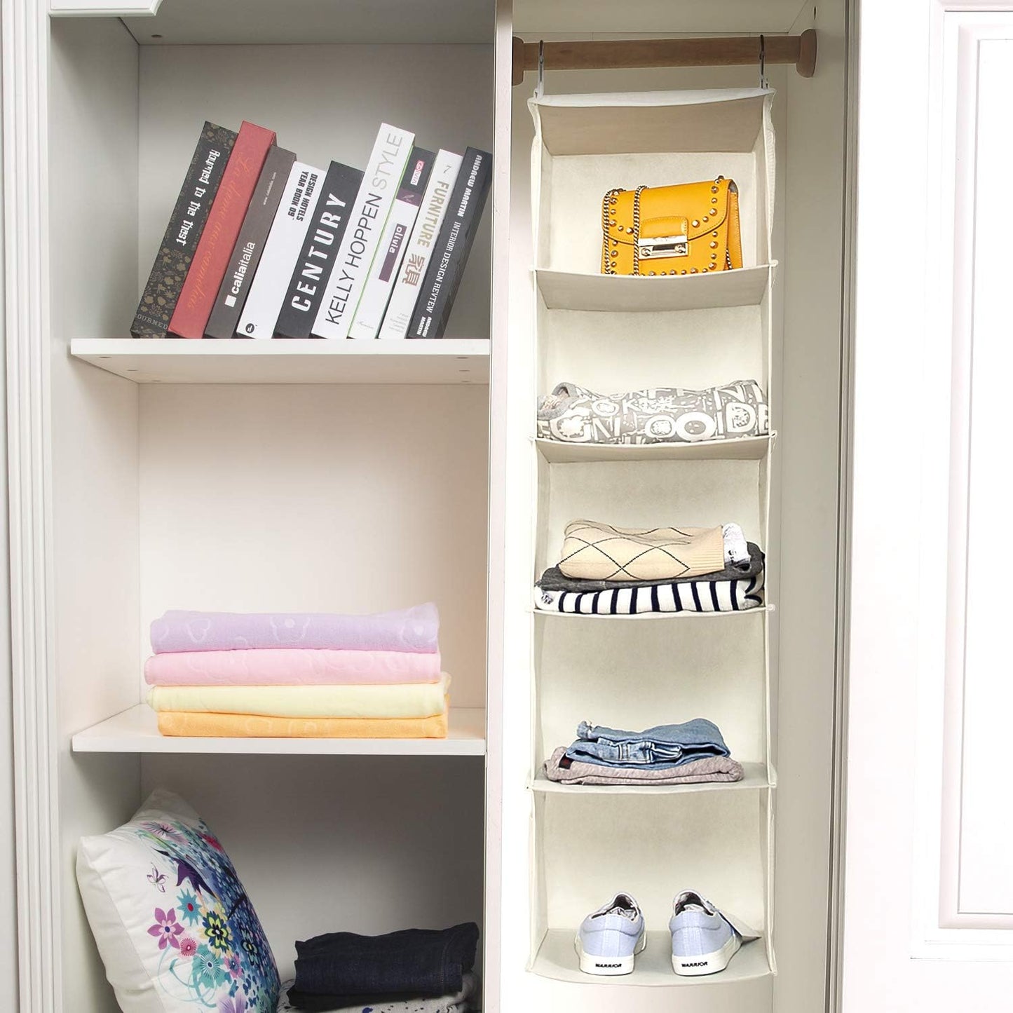 BrilliantJo 2 Pack Hanging Closet Organizer, 5 Shelves Hanging Storage with 6 Side Pockets for Clothes Shoes, 43"x12"x12"(Black)