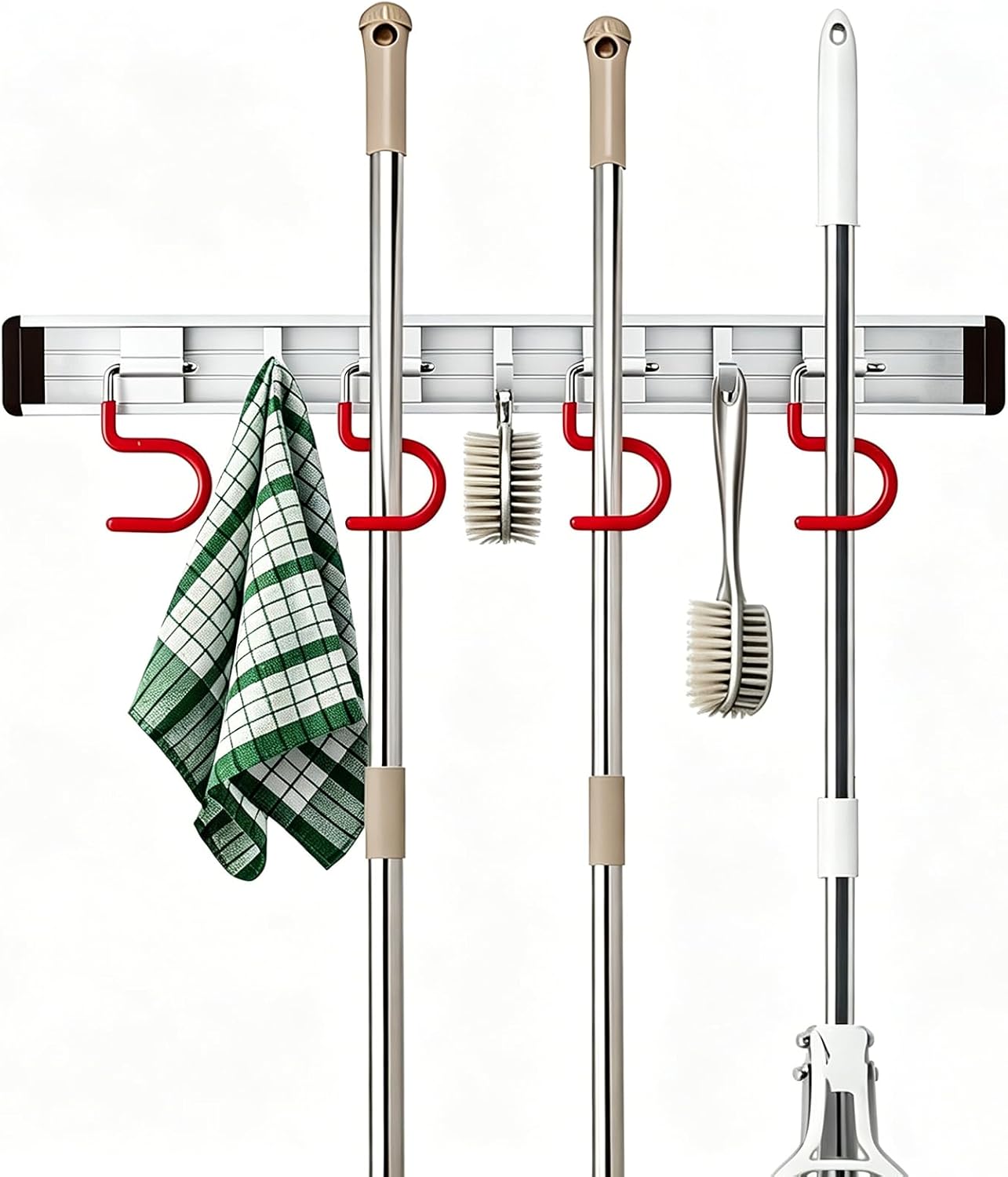 Wall Mounted Mop and Broom Holder Stainless Steel S Type Broom Rack Anti-Slip Mop Organizer (17 Inches,4 Positions 3 Hooks, Red black) (17inch)