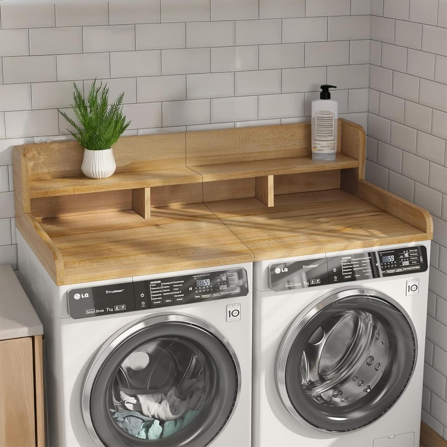 54" 2 Tier Washer Dryer Countertop with Storage Shelf, Waterproof MDF Laundry Room Organizer, Folding Station, Mechanically Joined Two-Panel Countertop (Walnut Brown)