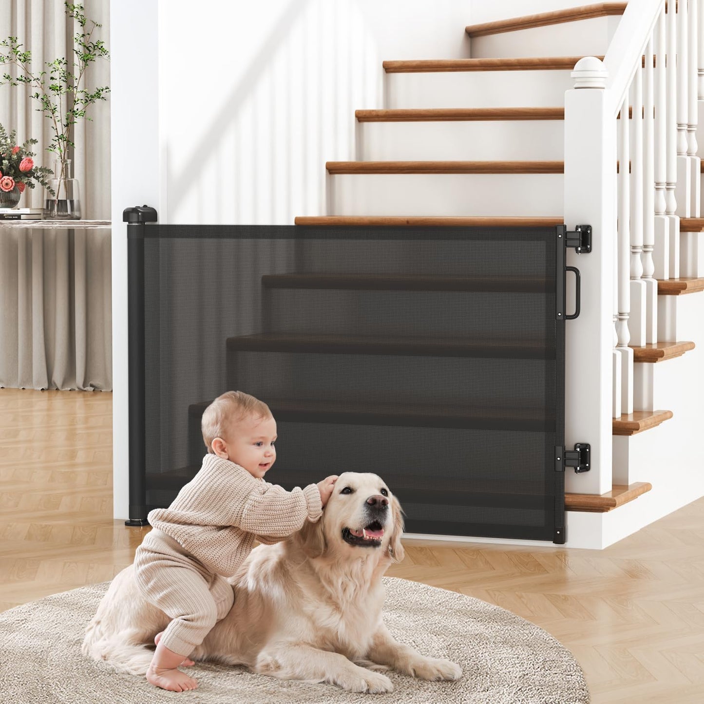 Retractable Baby Gate for Stairs & Doorways, Mesh Dog Gate Indoor Outdoor, Extends to 55" Wide 34" Tall Child Gate for Hallways, Deck, Porch, Pet Toddler Safety Essentials, Easy Install, Grey