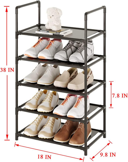Small Shoe Rack 6-8 Pairs Sturdy Shoe Shelf 4-Tiers Narrow Stackable Shoe Organizer,Lightweight Kids Shoe Racks for Entryway, Doorway and Closet（Black）