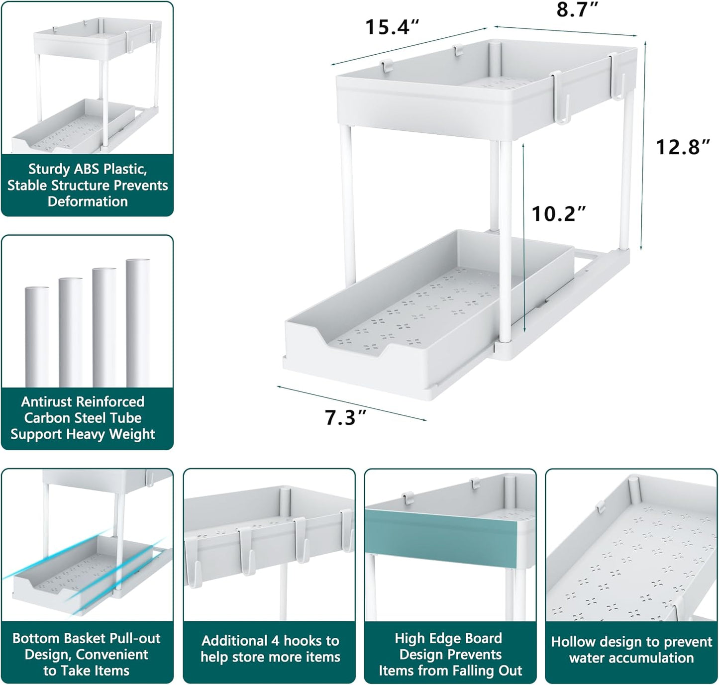 MEAFBIRD 2 Pack Under Sink Organizer, 2 Tier Bathroom Cabinet Organizer with Sliding Basket, Multi-Purpose Under Sink Organizers and Storage for Bathroom Kitchen (White 2 Pack)