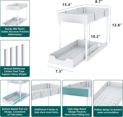 MEAFBIRD 2 Pack Under Sink Organizer, 2 Tier Bathroom Cabinet Organizer with Sliding Basket, Multi-Purpose Under Sink Organizers and Storage for Bathroom Kitchen (White 2 Pack)