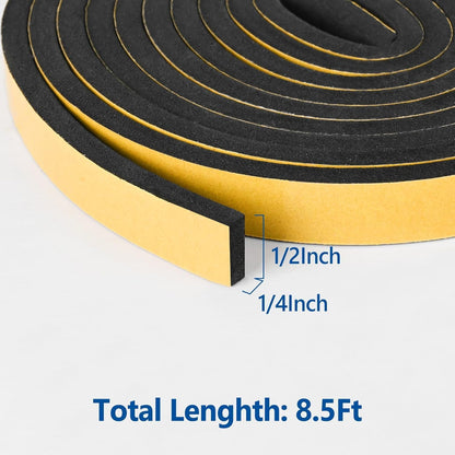 Kikerike Self Adhesive Foam Tape Weatherstrip 1/2In x 1/4In x 16.5Ft High Density Foam Insulation Strips Seal Weather Stripping with Strong Adhesive for Door and Window Sound Isolation Soundproofing