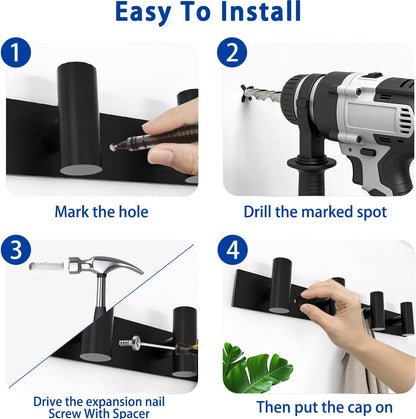 Matte Black Coat Rack Wall Mount - 6 Hooks, Heavy Duty Stainless Steel Wall Hooks for Towels, Coats, Robes, Bags, Hats, Keys, Wall Coat Hanger for Bathroom, Entryway, Kitchen, Hotel, Bedroom, Office
