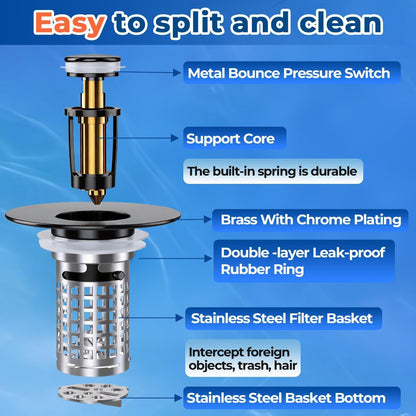 Bathroom Sink Drain Strainer(2PCS), Stainless Steel Pop-up Strainer Basket Hair Catcher with Removable Basket, Brass Bullet Core, Universal Fit 1.1-2.36 Inch