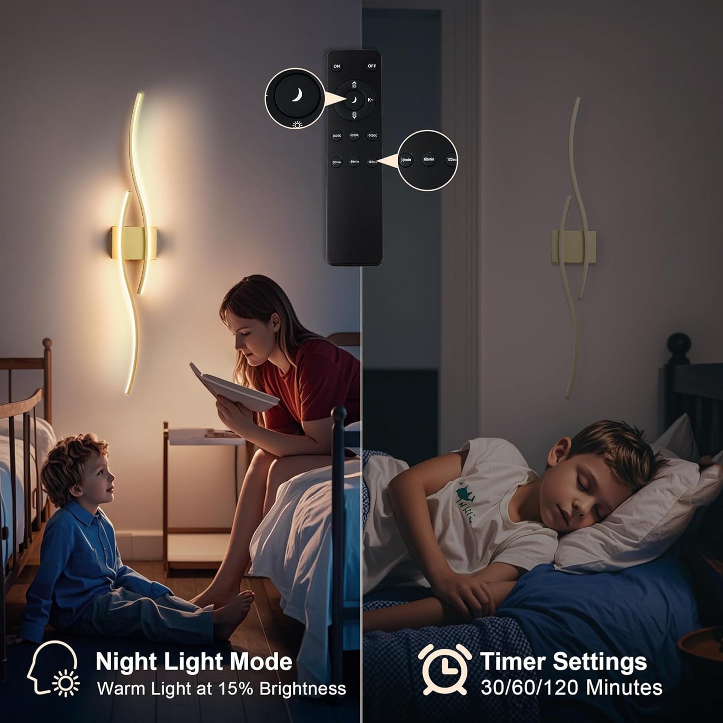 KARTOOSH Battery Operated Wall Sconces Set of Two with Remote Control, Dimmable/3 Colors/Night-Light/Timer/Memory, Gold Modern Wireless LED Sconce for Living Room, Hallway, Bedroom, 27.5 Inch (2 Pack)