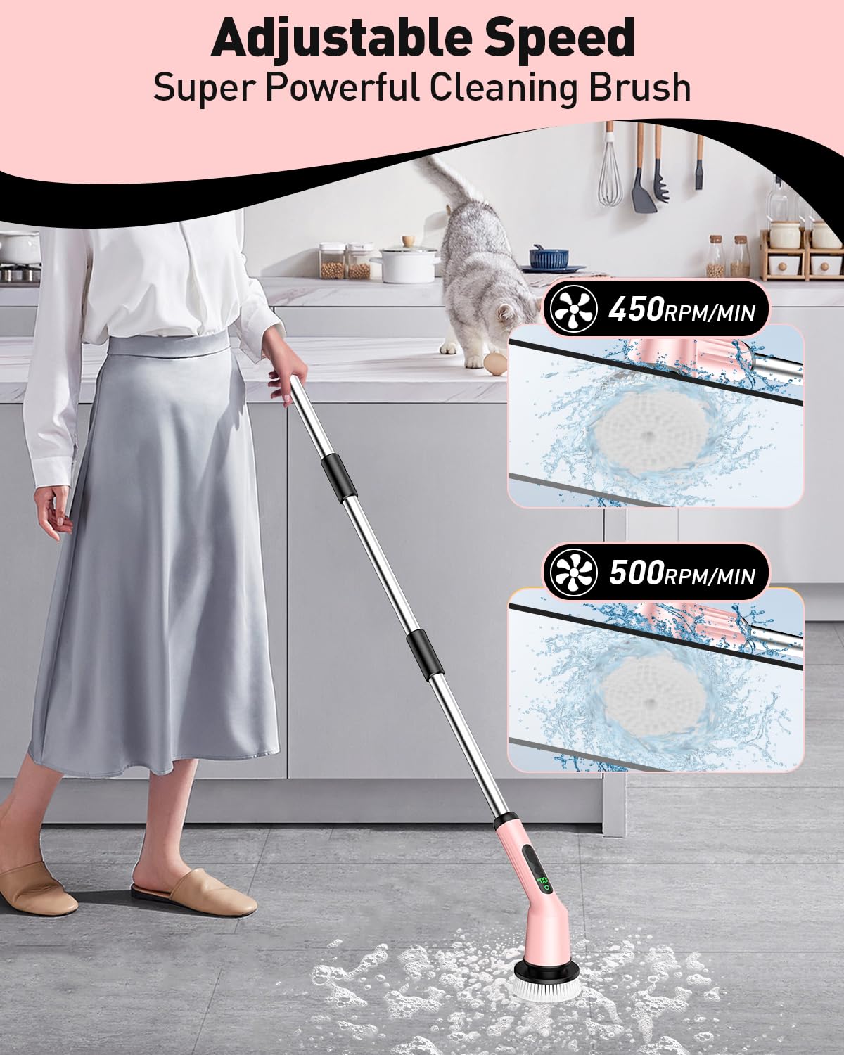 Shower Scrubber with Long Handle, Shower Cleaner Brush with 8 Floor Machine Pads, Cordless Electric Spin Scrubber for Cleaning with 2 Speed, Cleaning Supplies for Bathroom Bathtub Kitchen Floor Tile