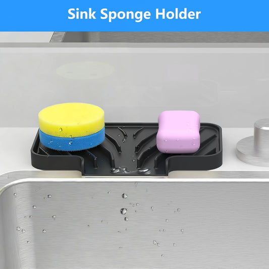 Sponge Holder for Kitchen Sink, Dish Sponge Holder & Soap Tray with Drain, Bathroom Sink Sponge Drying Rack & Perfect Organizer for Dispenser,Bottle,Cup on Sinks or Counter(8"x 4"Gray)
