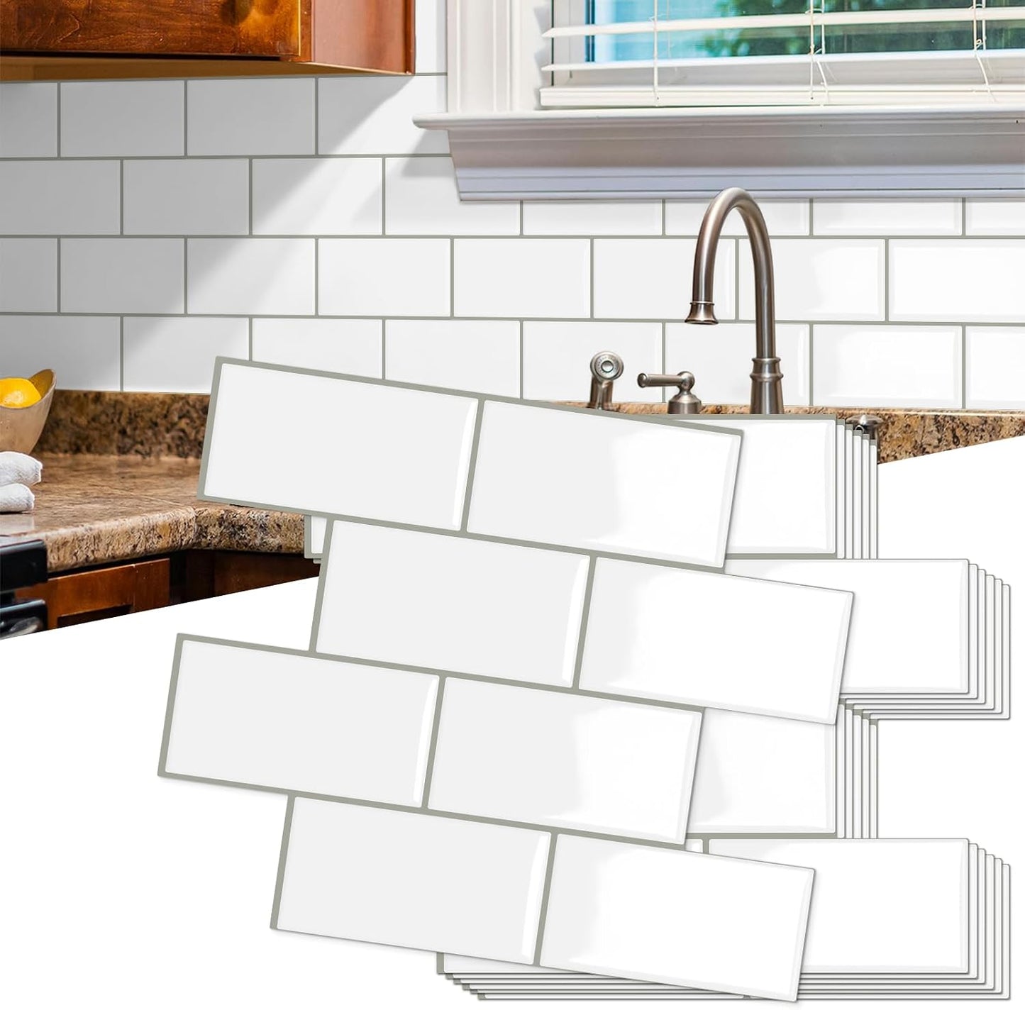 10-Sheet Thick Peel and Stick Kitchen Backsplash Tiles(Green,12"×12") | 3D Subway Waterproof Self-Adhesive Wall Tile Stick on Backsplash for Kitchen and Bathroom