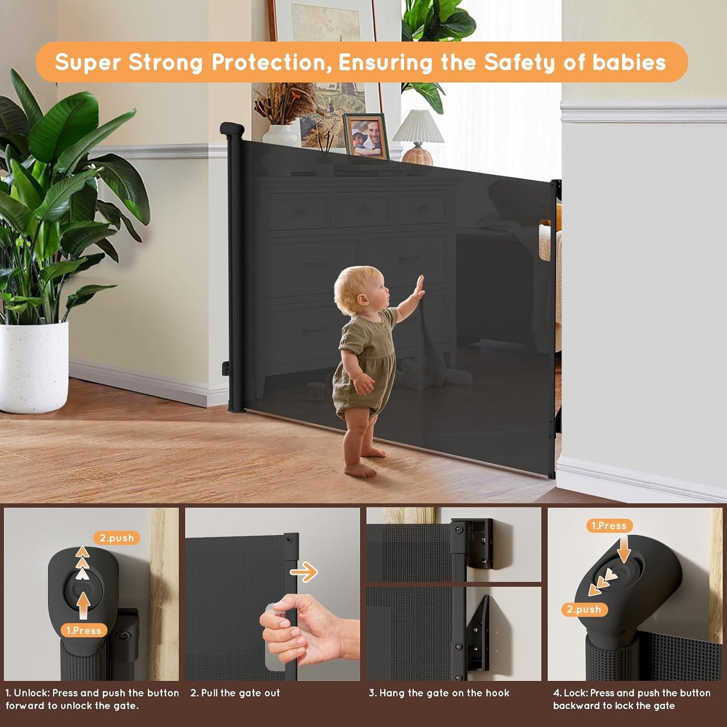 Retractable Baby Gate, 38" Extra Tall Mesh Dog Gate with Auto-Tension Design, 71" Wide One-Hand Operation Doorway Gates for Pets & Babies, No Bottom Rail Safety Gate for Hallways, Black