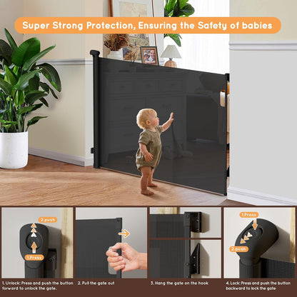 Retractable Baby Gate, 38" Extra Tall Mesh Dog Gate with Auto-Tension Design, 71" Wide One-Hand Operation Doorway Gates for Pets & Babies, No Bottom Rail Safety Gate for Hallways, Black