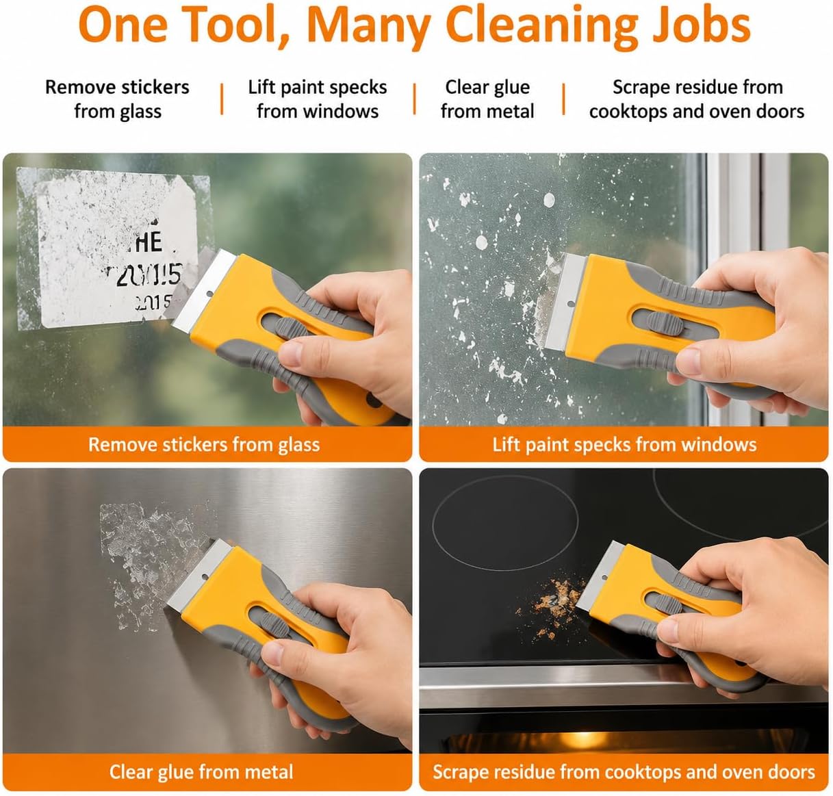 Razor Blade Scraper Set, 2 Safety-Lock Handles + 20 Steel Blades | Steel Blades Retract into Plastic Handles, Removes Stickers, Labels, Paint, Caulk and Residue From Windows, Cooktops and Tile