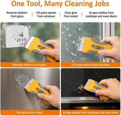 Razor Blade Scraper Set, 2 Safety-Lock Handles + 20 Steel Blades | Steel Blades Retract into Plastic Handles, Removes Stickers, Labels, Paint, Caulk and Residue From Windows, Cooktops and Tile