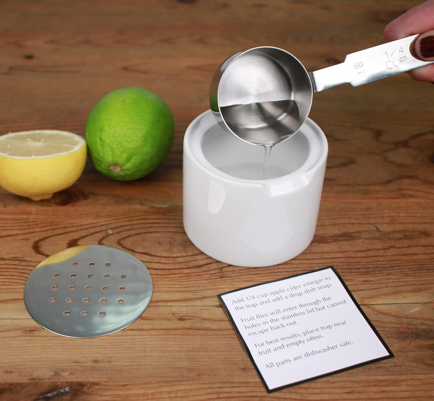 RSVP Endurance Kitchen Collection Ceramic Fruit Fly Trap, Stainless Steel Lid, Dishwasher Safe, 3.25x2.5