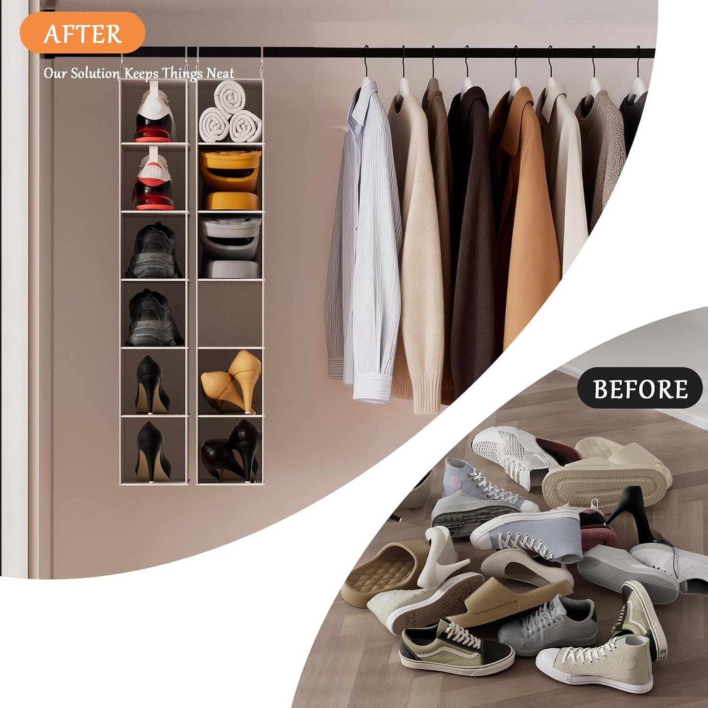 Hanging Shoe Organizer for Closet with 8 Shelves,Mesh Pockets-Wider Hanging Shelves for Shoes,Clothes,Hats with Sturdy Bamboo-Supported Design (Beige)