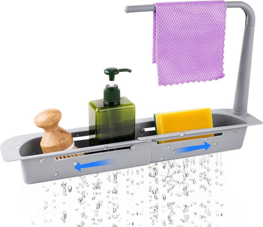 NiHome Telescopic Kitchen Over Sink Organizer with Towel Hanger, Expandable Slim Drain Basket Multifunctional Caddy Adjustable Length Colander Rack Sponge Holder Storage Tray for Home Bathroom (Grey)