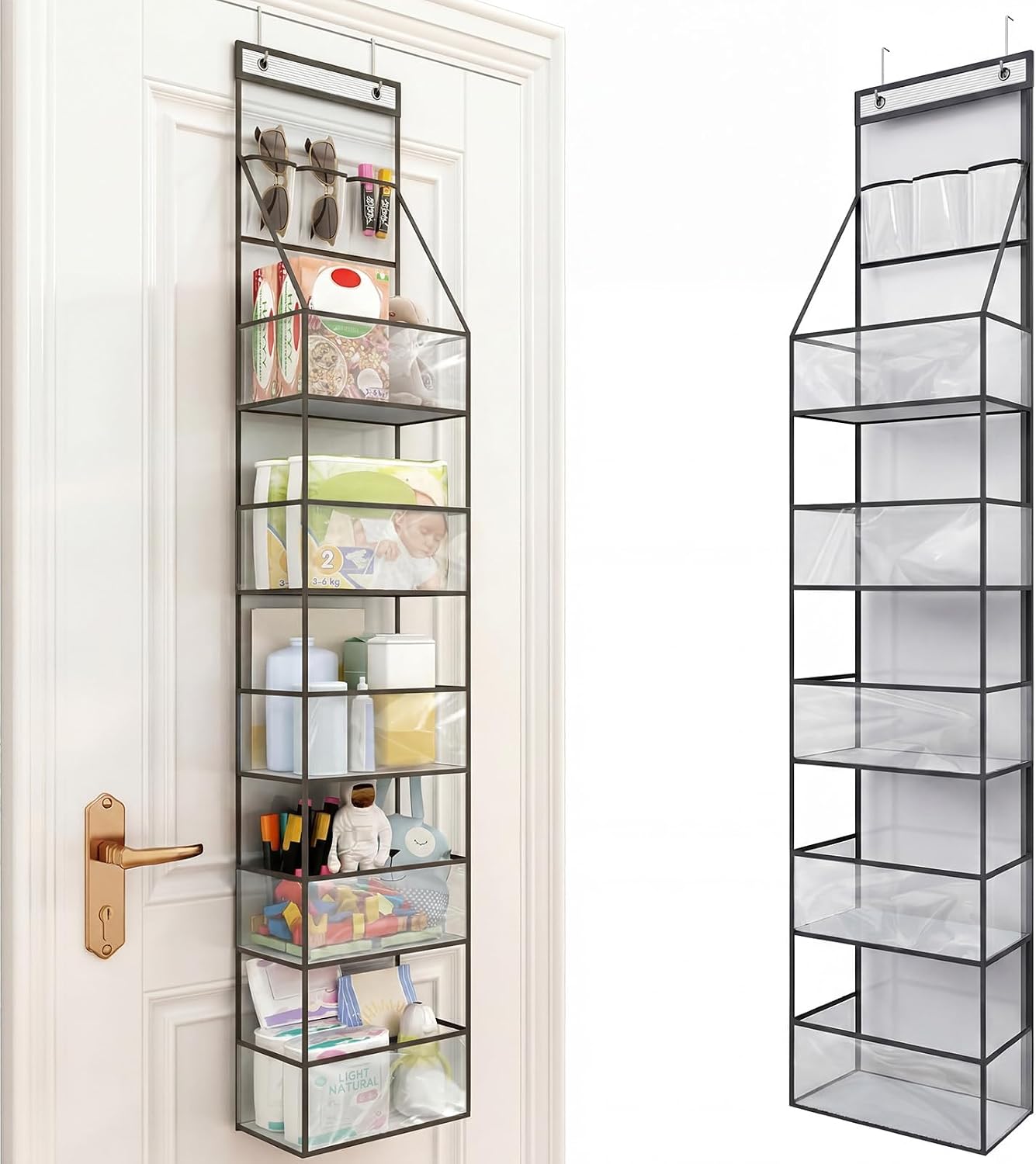 Fixwal 6-Shelf Over The Door Hanging Pantry Organizer Hanging Storage with Clear Plastic Pockets Behind The Door Storage Organizer with 3 Small PVC Pockets for Closet Bedroom Bathroom (Grey)