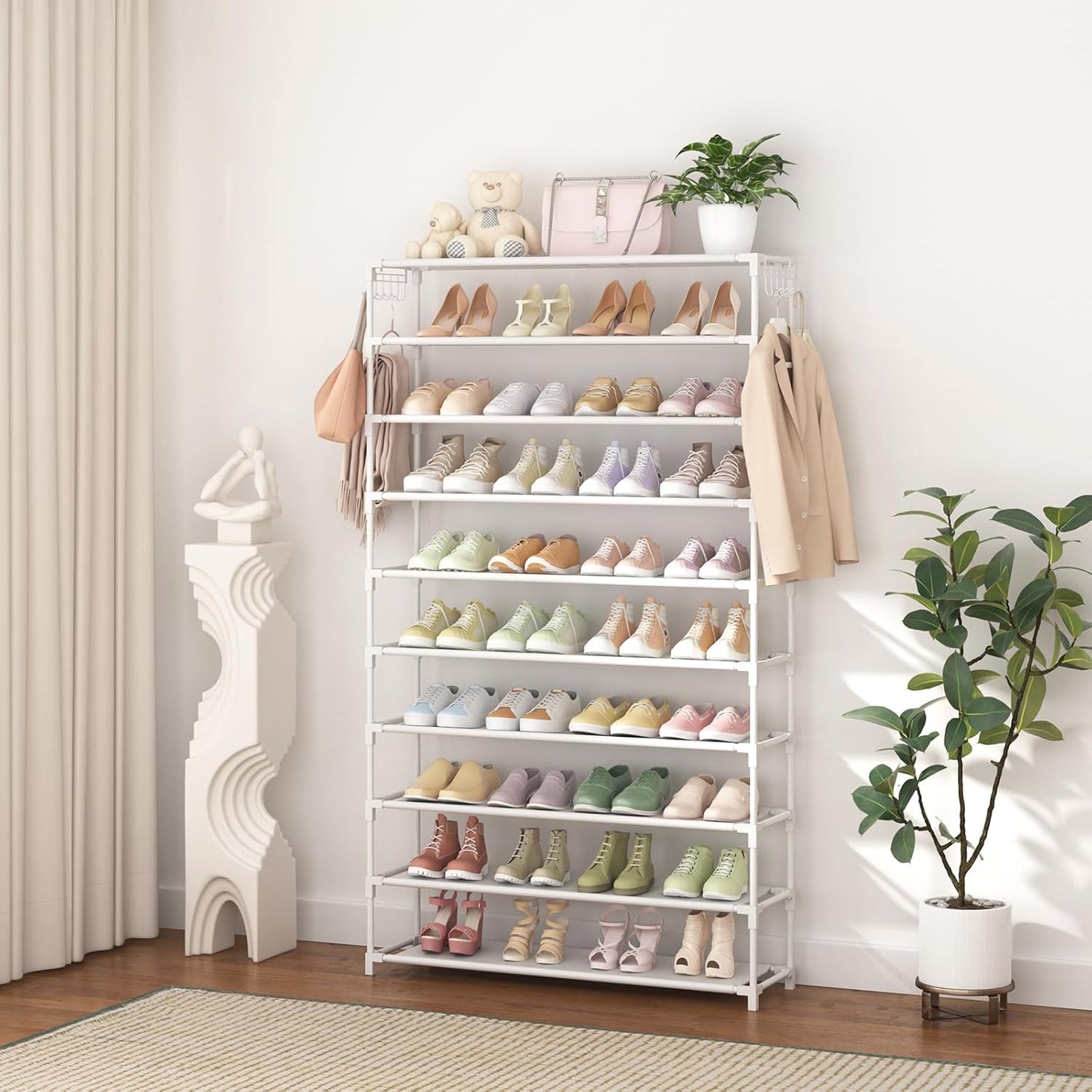 LANTEFUL 10 Tiers Shoe Rack 50 Pairs Large Capacity Tall Shoe Organizer Sturdy Shoe Storage with Two Hooks Space Saving Metal Wide Shoe Rack for Closet, Entryway, Bedroom, Black